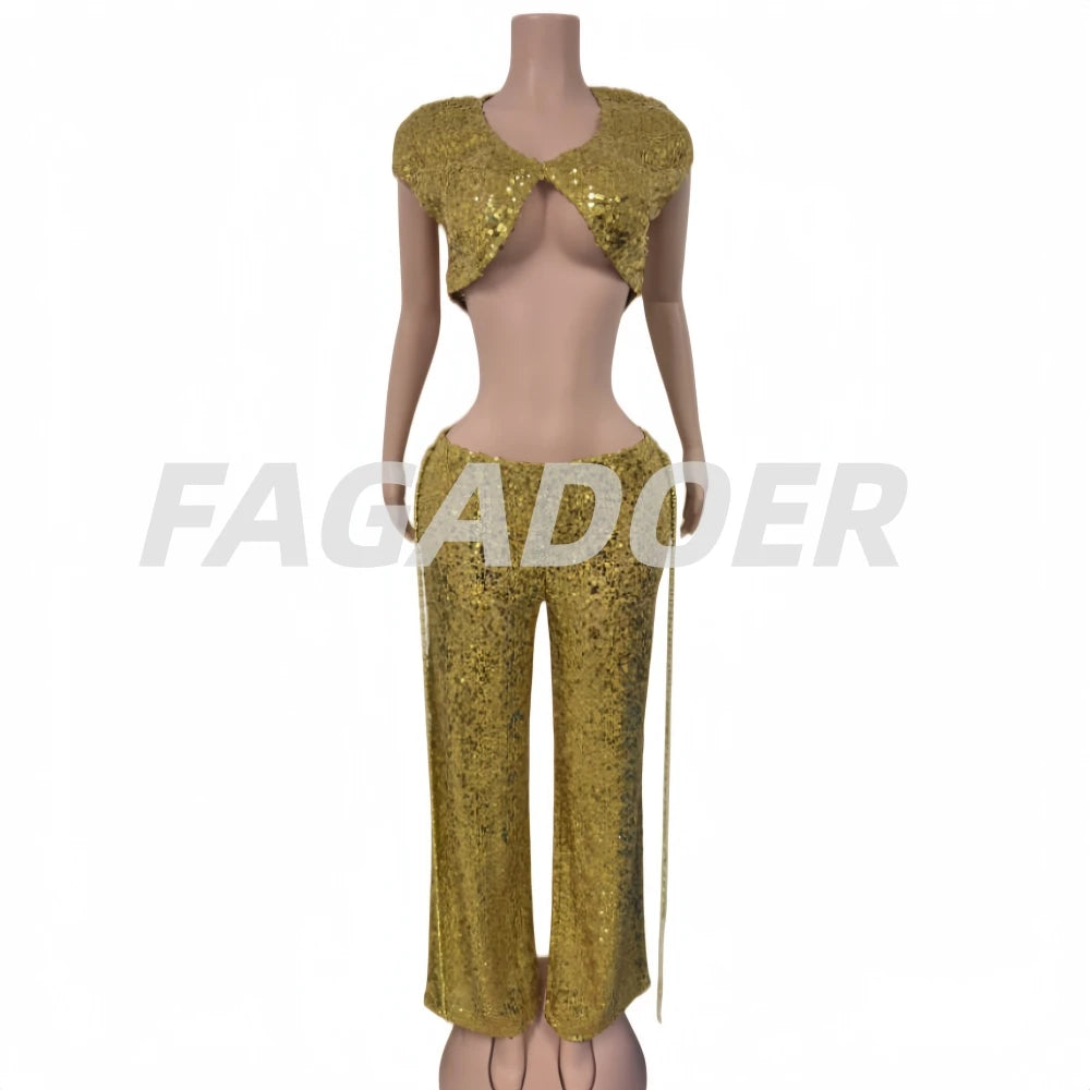 2 PCS Set S-XL UK Size Sexy Hollow-Out Sequin Woman Solid Deep V-Neck Crop Top and Tassel Pants Female Evening Beach Party Night Clubwear Prom Luxury Suit