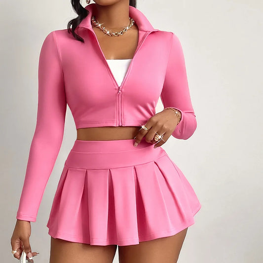 BRAND NEW UK Size Black/Beige/Pink Sport Women Sexy Set Long Sleeves Zip Short Jacket Top + Pleated Mini Skirt Fitness Yoga Tight Casual Suit Running Gym Jacket Ladies Sports Apparel Supplies