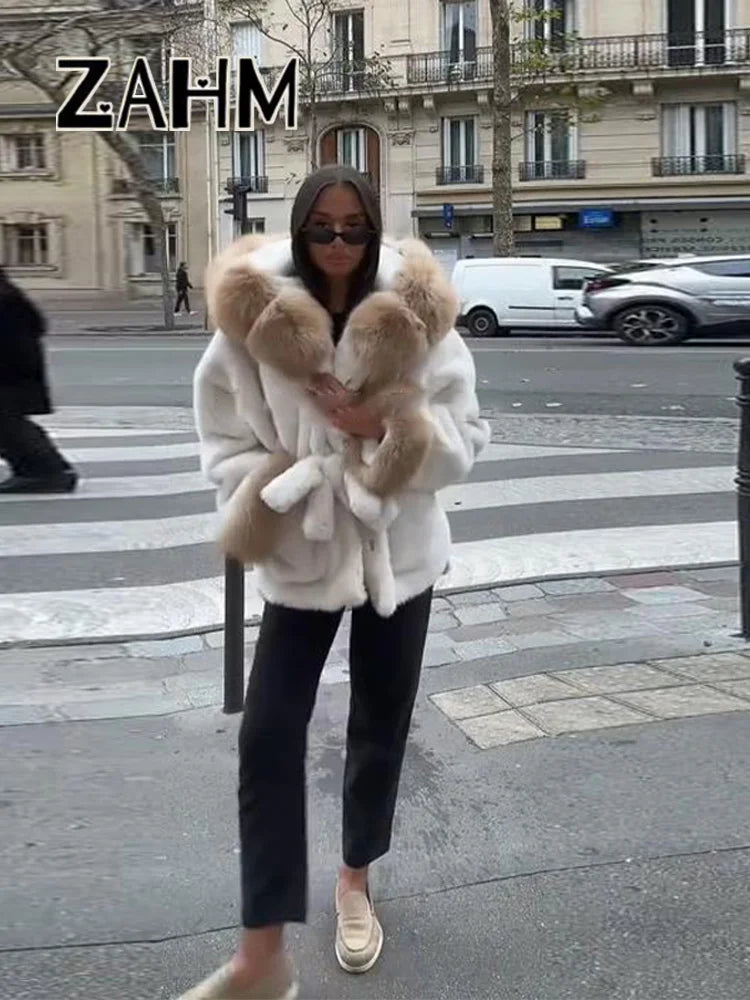 NEW UK Size Black/White/Gray Color Elegant Collar Fur Lace Up Coat Women Loose Full Sleeve Open Stitch Lapel Warm Coats Female Autumn Winter Thicken Top New Girls Winter Outwear