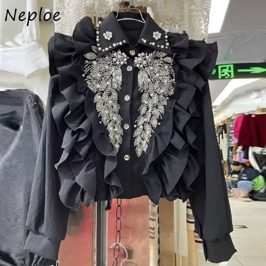NEW Arrivals Luxury Heavy Beading Sequin Wing High Quality Shirt for Women New Lapel Neck Black Tops Y2K Long Sleeve Ruffles Blouses Ladies Girls Luxury Fashion Apparel Accessories Clothing Supplies