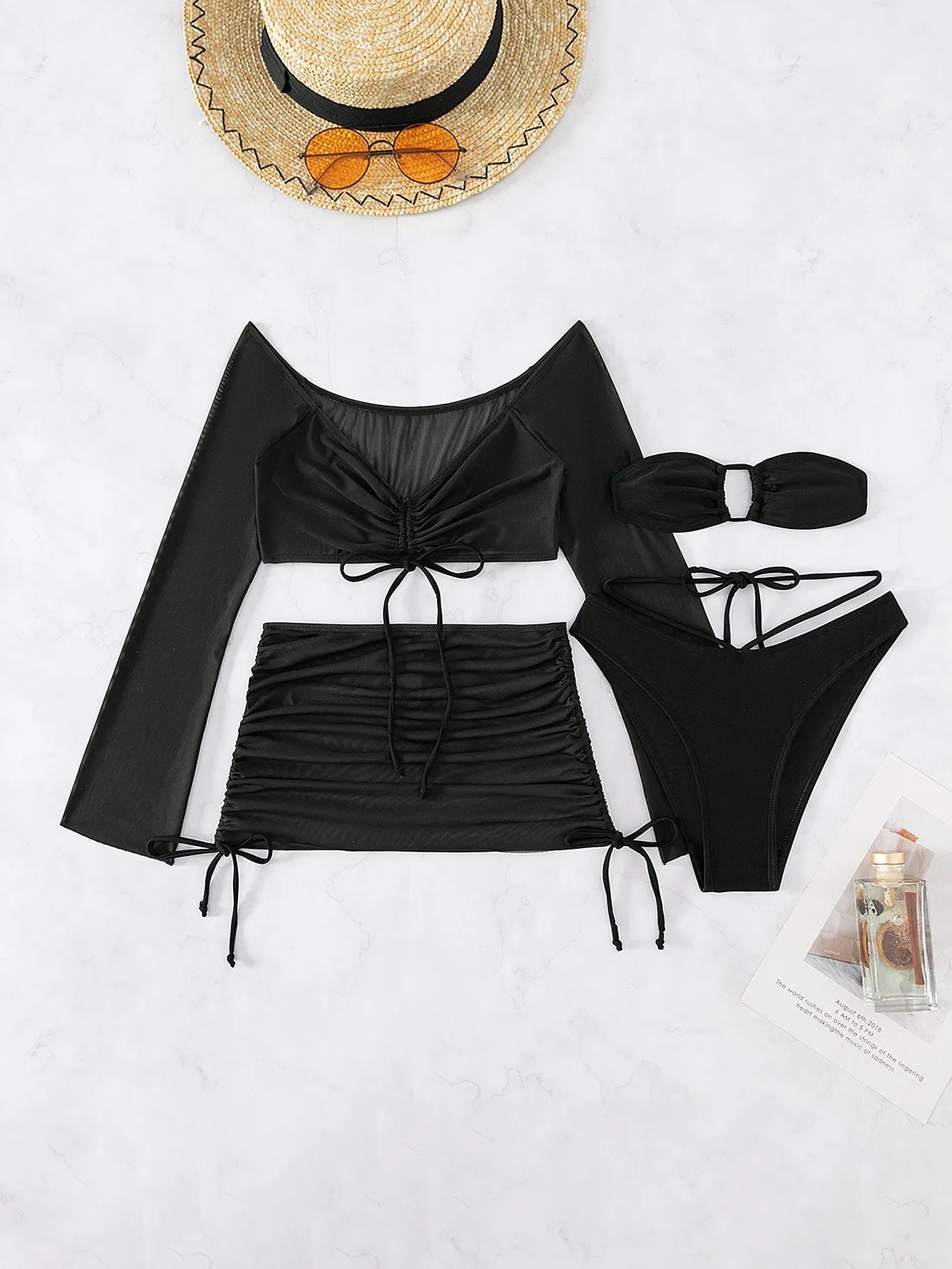NEW Arrivals 4PCS Set - 4 Colors Women Girls Sexy Sheer Bikini Set, Bandeau Bra, High Cut Bottom, Drawstring Cover Up Top, Skirt, Summer Water Pool Beach Bathing Suit Female Ladies Summer Swimwear Swimsuit Fashion Apparel Sup