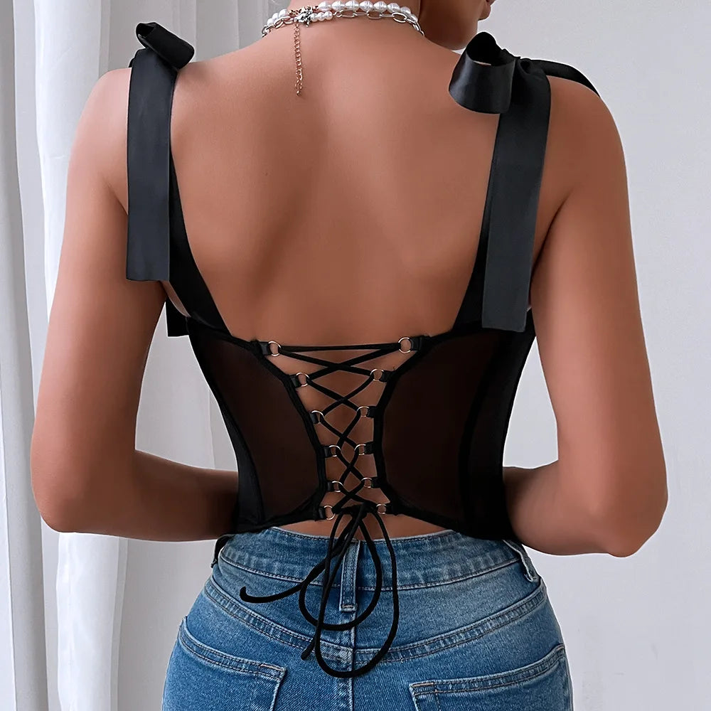 NEW Arrivals Women Lace-up Sexy Corset Camis Sequin Sheer Mesh Sling Bustier Top Slim Sleeveless Underwire Push-up Lingerie Tank Tops Summer Vest Ladies Girls Luxury Fashion Apparel Accessories Supplies