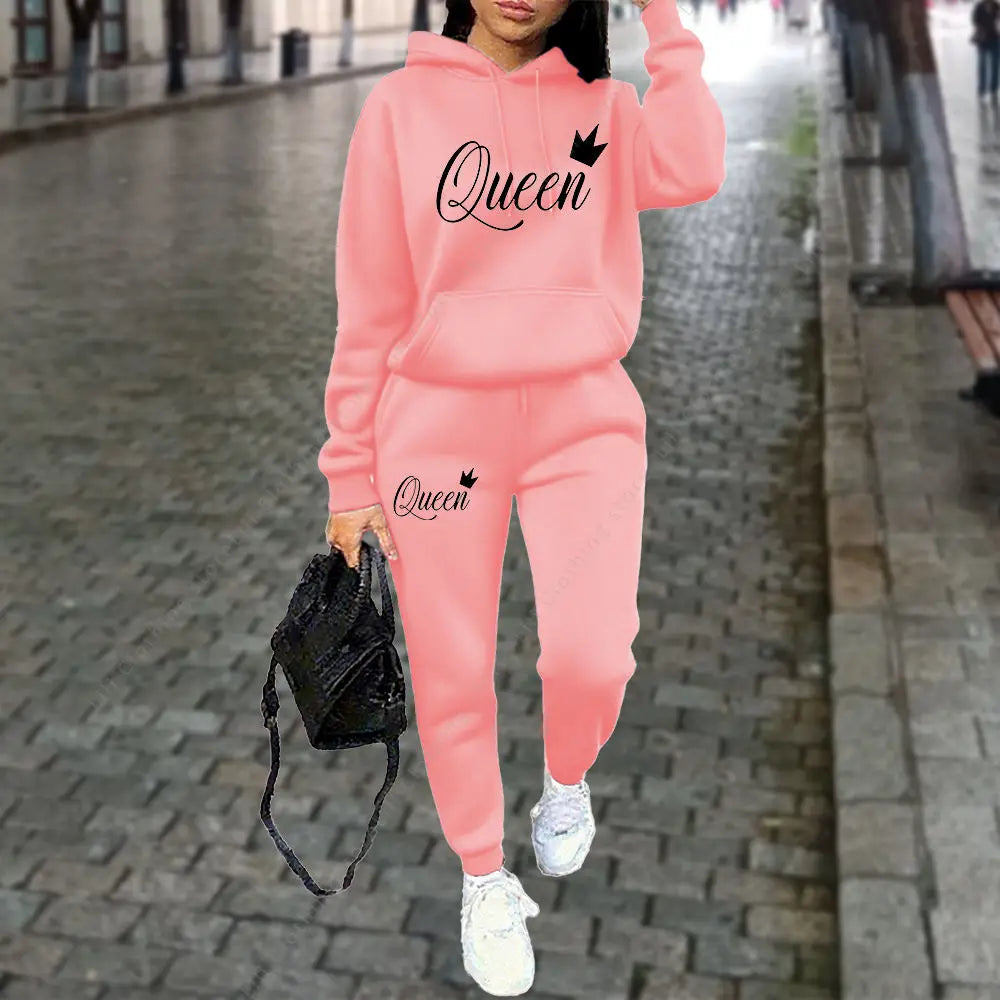 NEW 2PCS Set S-3XL UK Plus Size 10 Colors Queen Letter Graphic Women's Sets Hoodies Pants Suit Autumn Winter Sports Jogging High quality Aesthetic Tracksuit