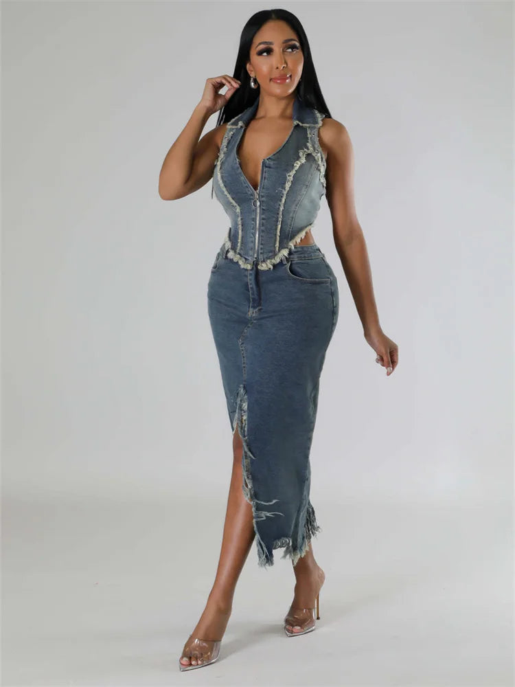 Women Two Piece Set Casual Stretch Denim Summer Sleeveless Turn-down Collar Crop Tops Split Skirts Party Streetwear Suits