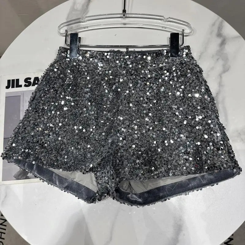 New Arrivals Sexy Clubwear Shorts Ladies Luxury Sequins Shorts Loose High Waist Streetwear Wide Leg Short Pants Sliver Black Women Girls Clothing