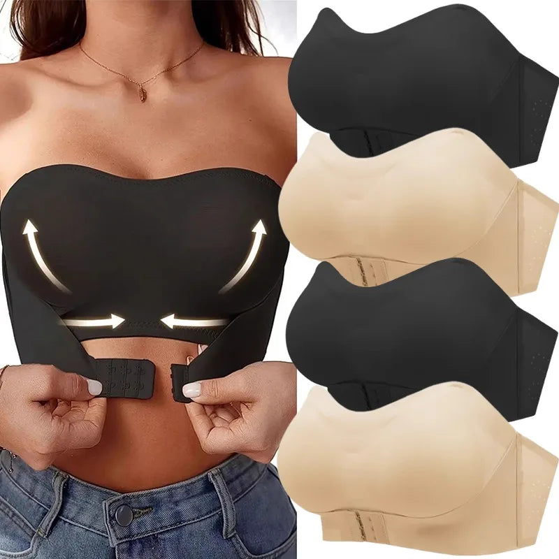 S-XL New Women's Strapless Bandeau Bra Removable Padded Soft Ice Silk Traceless Brasseries Wire Free Seamless Bra Smooth Underwear