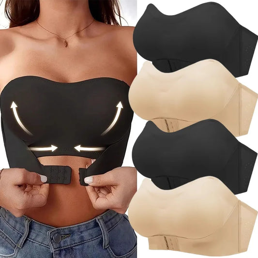 S-XL New Women's Strapless Bandeau Bra Removable Padded Soft Ice Silk Traceless Brasseries Wire Free Seamless Bra Smooth Underwear