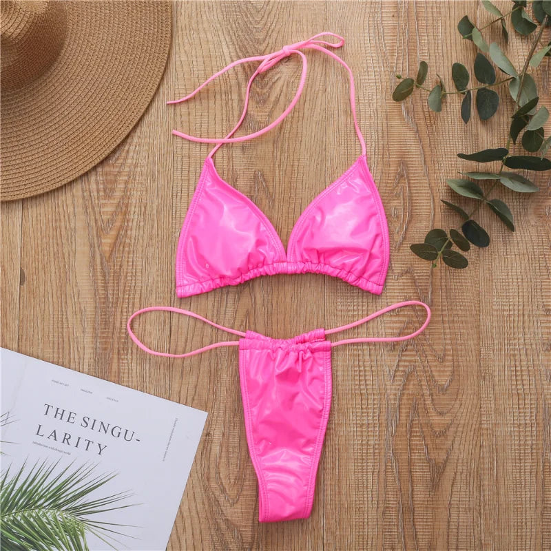 Bright Leather Sexy Bikini Women Swimwear Solid Push Up Bikinis Set Thong Brazilian Swimsuit Female 2Piece Bathing Swimming Suit