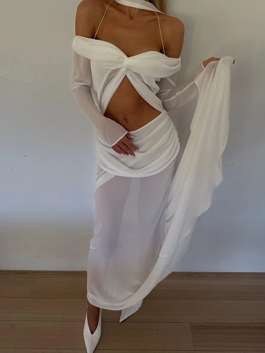 BRAND NEW UK Size 4 Colors Hollow Out Extremely Sexy See Through Spring Maxi Dress Women Gown Halter Long Sleeve Strapless Backless Draped Slim Summer Evening Beach Party Long Dress