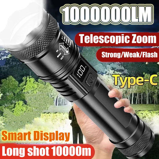3 PCS Set 500m Lighting Distance Rechargeable LED Flashlight 10000LM Zoomable Torch Waterproof 5 Modes with LCD Display  Charging for Camping Hiking Night Walking Emergency Tools