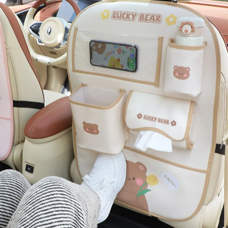 Car Backseat Organizer Cartoon Style Kick Mat Protector for Kids Detachable with Touch Screen Tablet Holder 5 Storage Pockets