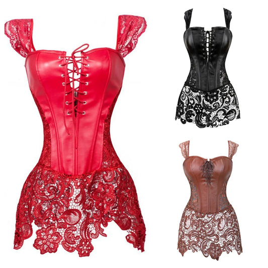 NEW S-7XL Plus Size Woman Corset Dress Gothic Leather Corsets Lace Strap Bustier Zip Bustier Steampunk Outfits Party Costumes