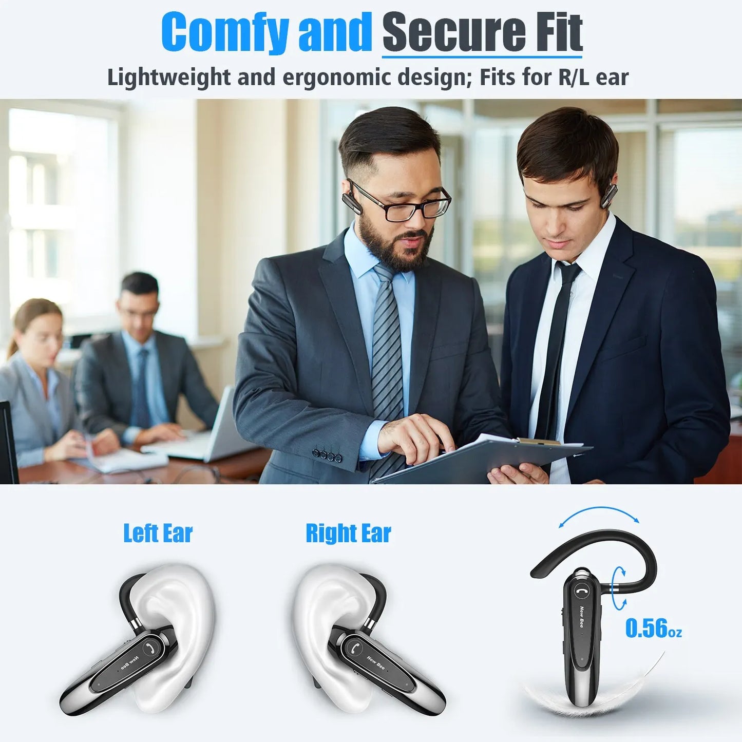 New Bee B45 Bluetooth Earphones 5.0 Headset Wireless Headphones with Dual Mics CVC8.0 Hands-Free Earpiece for Driving/Business
