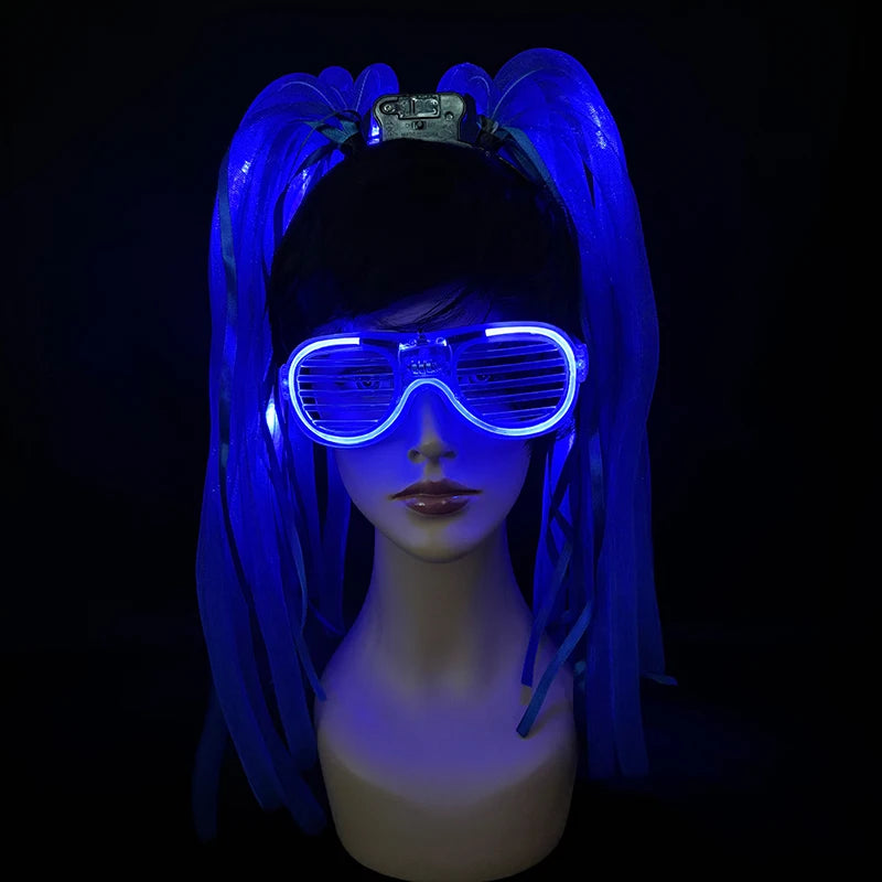 2 PCS Set Headbands + Glasses Rave Party  Luminous Flashing Noodles Headband Light Up Braid Headband Girl Women Bar Club Night Show Headwear Supplies