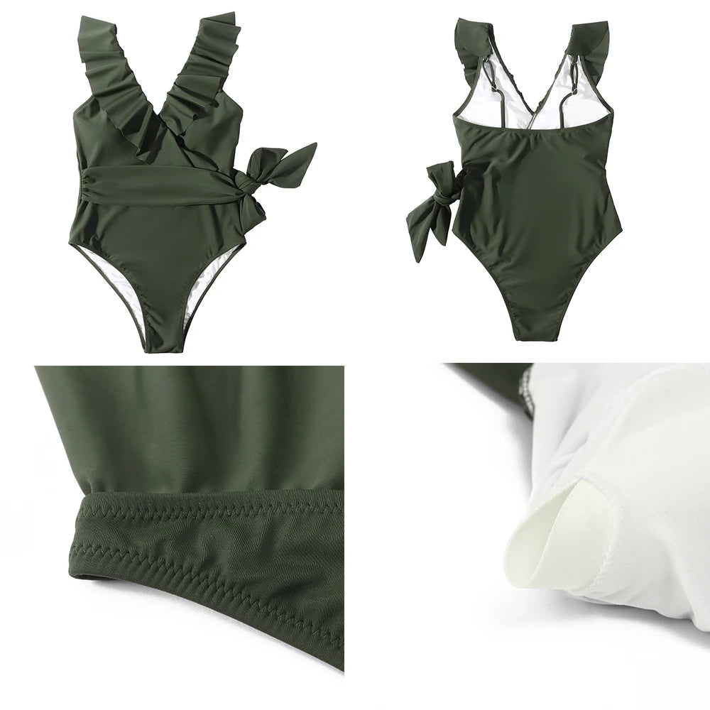 Ruffle One Piece Swimsuit Women Swimwear 2023 Solid Bathing Suits Summer Swimming Push up V Neck XLSize Beachwaer Monokini Women
