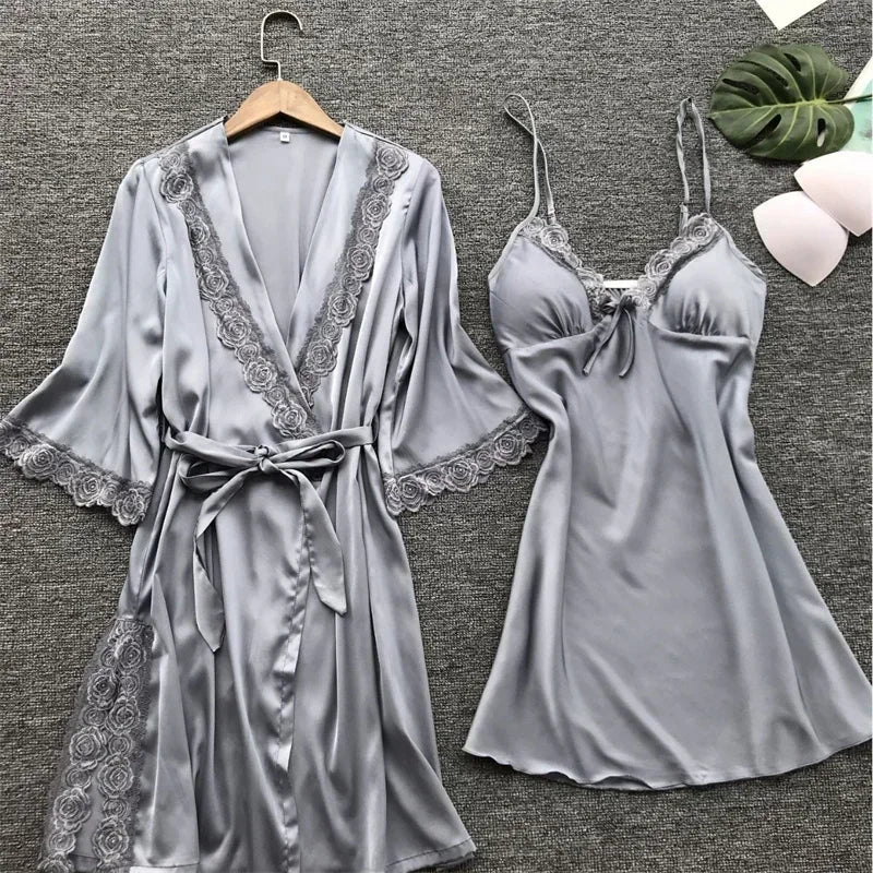 NEW 2PCS Set Female Lace Pajamas Set Satin Home Lace Robe Sleep Suit V-Neck Wedding Nightwear Silk Dress Women Sleepwear