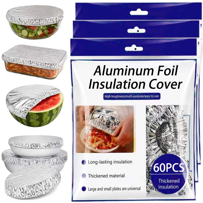 NEW 60 PCS Set Aluminum Foil Bowl Cover Kitchen Food Preservation Wraps Reusable Aluminum Foil Film Covers Picnic Fresh-Keeping Bags for Outdoor Travel Camping