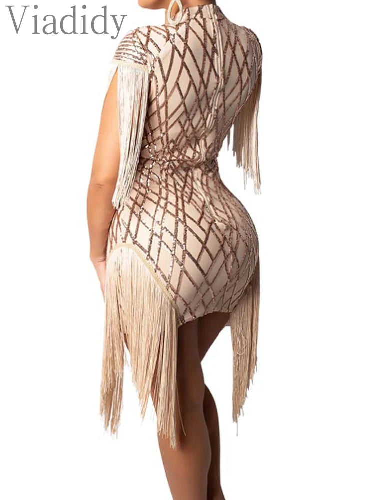 UK Size S(8)-XL(16) Black/Red/ Apricot Luxury Women Italian Fashion Elegant Sequins Tassels Mini Bodycon Evening Party Sexy Mini Dress