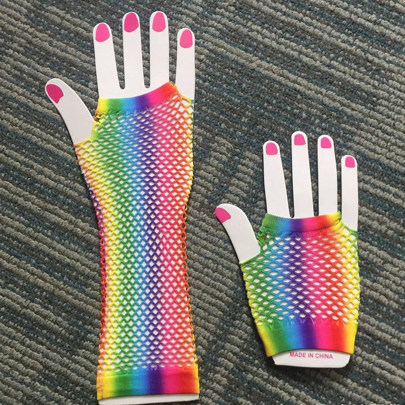 1pair Rainbow Color Ladies Sexy Mesh Net Fishnet Gloves Women Hollow Out Holes Fingerless Gloves Lady Disco Dance Costume Mitten