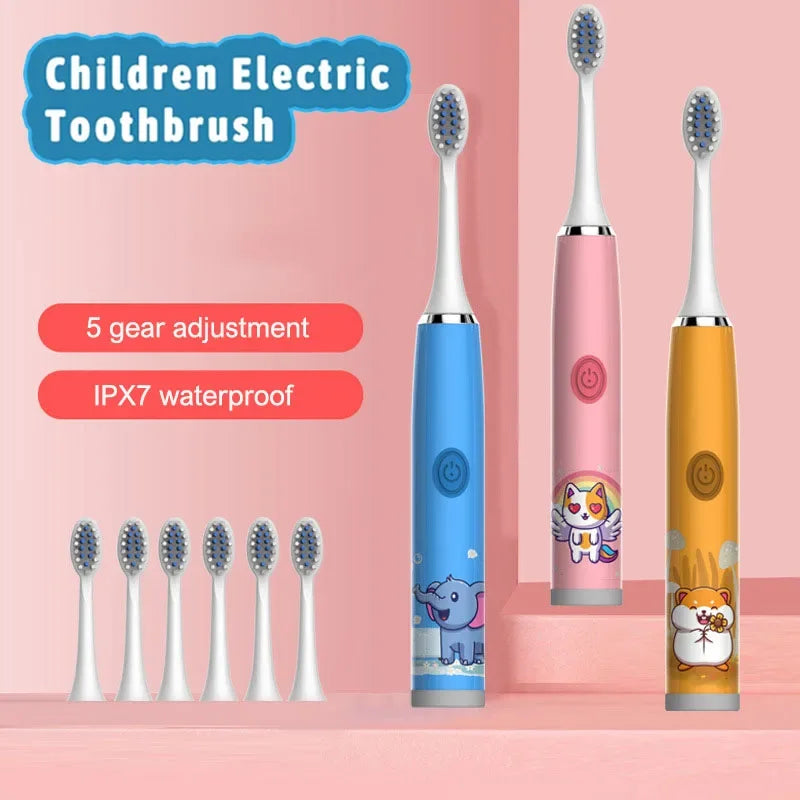Colorful Sonic Children's Electric Toothbrush Rechargeable Cartoon Design Automatic IPX7 Waterproof with 5 Replacement Heads Children Oral Hygiene Supplies