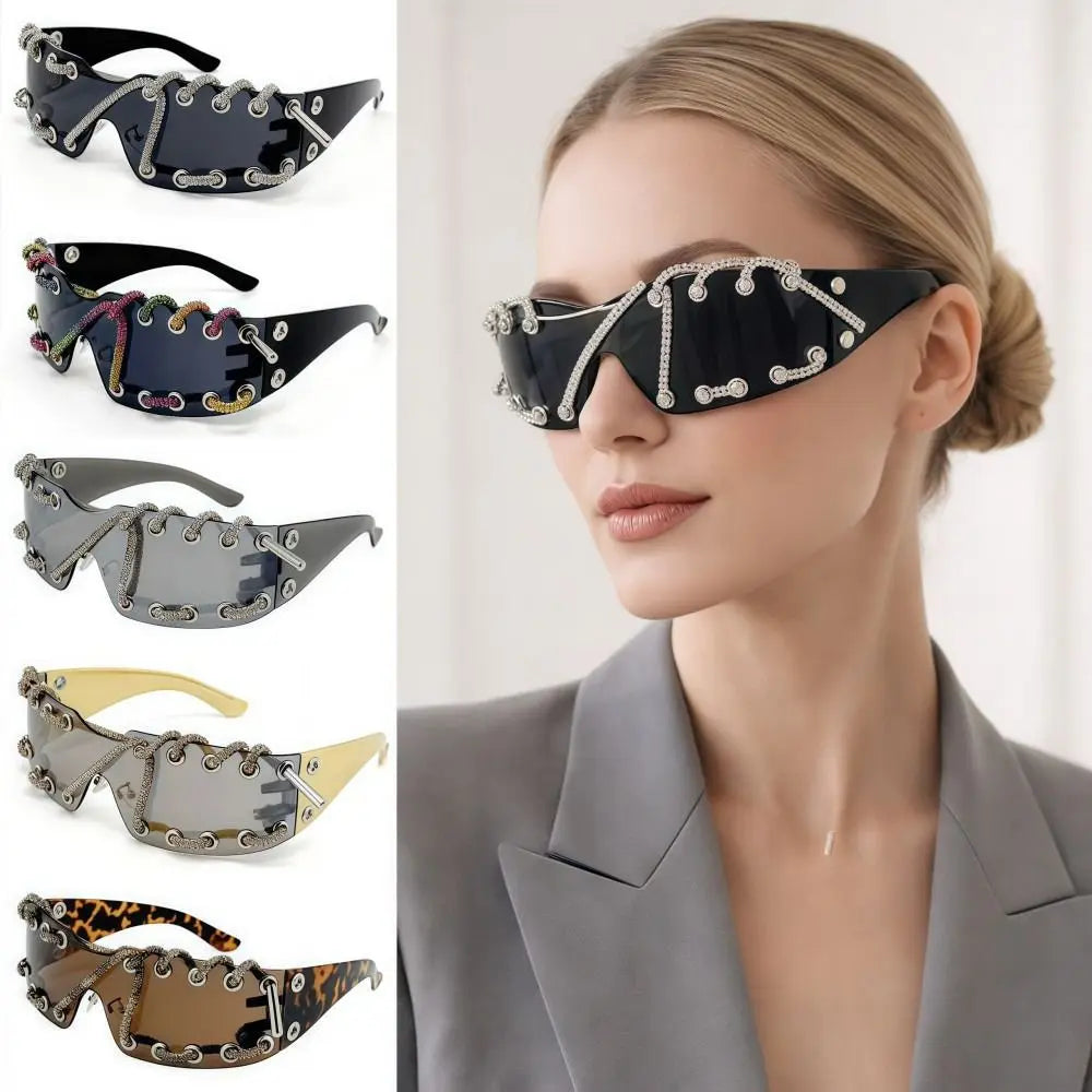 Rhinestones Chain Sunglasses Retro Cool Trendy Sunglasses UV Protective Lightweight Streetwear Party Shades For Women Men