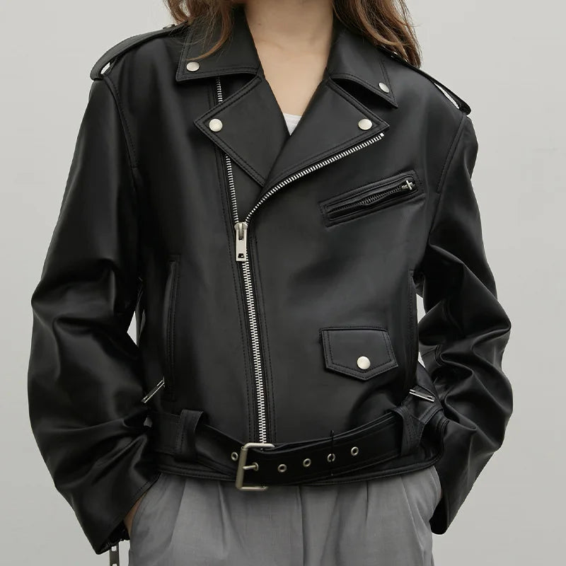 New Women's Motojacket Genuine Sheepskin Leather Jackets Lady Fashion Moto Biker Leather Coats Streetwear Zipper