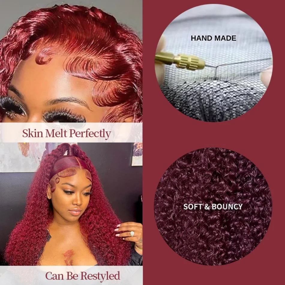 NEW Arrivals 8-36Inches Wet And Wavy 99j Lace Frontal Brazilian Wig Human Hair Burgundy 13x6 HD Lace Frontal Human Natural Hair Wig Red Curly Lace Front Human Hair Wigs