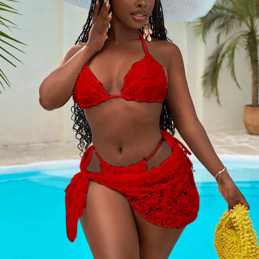 3 PCS Set Sexy Bikini Floral Fabric Strap Women's Triangle Bag Cross-Border New Arrival Top Quality Swimwear for Swimming Women Summer Beach Apparel Clothing Suits
