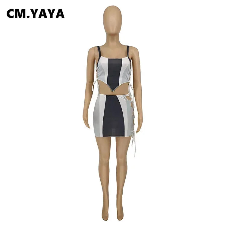 NEW Arrivals 2PCS Set S-2XL Women Set Patchwork Strap Crop Tops Bandage Hollow Out Skinny Mini Skirts Two 2 Piece Sets Tracksuit Sexy Outfit Summer Evening Beach Party Night Clubwear