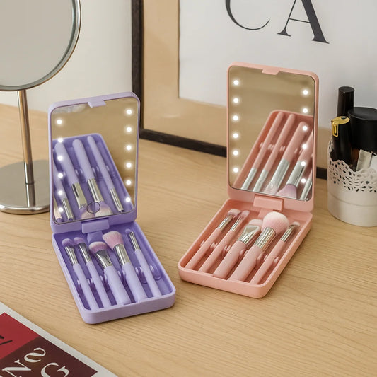 NEW Rotatable Mirror Travel Make-Up Brush with LED Light Adjustable Brightness with 5pcs Brush LED Makeup Mirror Brush Set Foldable Women Cosmetic Sets