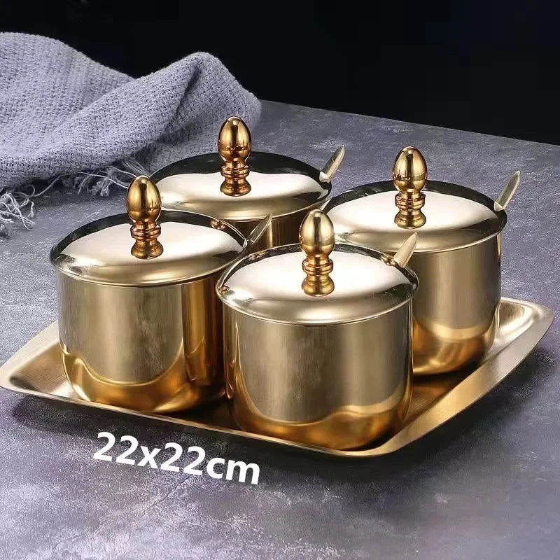 NEW Arrivals 2/3/4 Sets Luxury Golden 304 Seasoning Box Bottle Glass Pot Cap with Spoon Flavoring, Holder Rack Tank Sauce Spice Jar Salt Soy Storage Box Kitchenware Preparing Cooking Tools