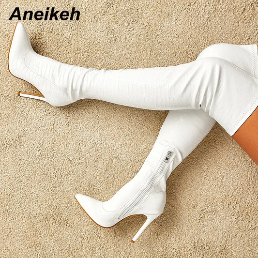 White Sexy Over-the-Knee Side Zipper Slip-On Pointed Toe Shoes NEW Fashion Striped Thin Heels Ladies Boots