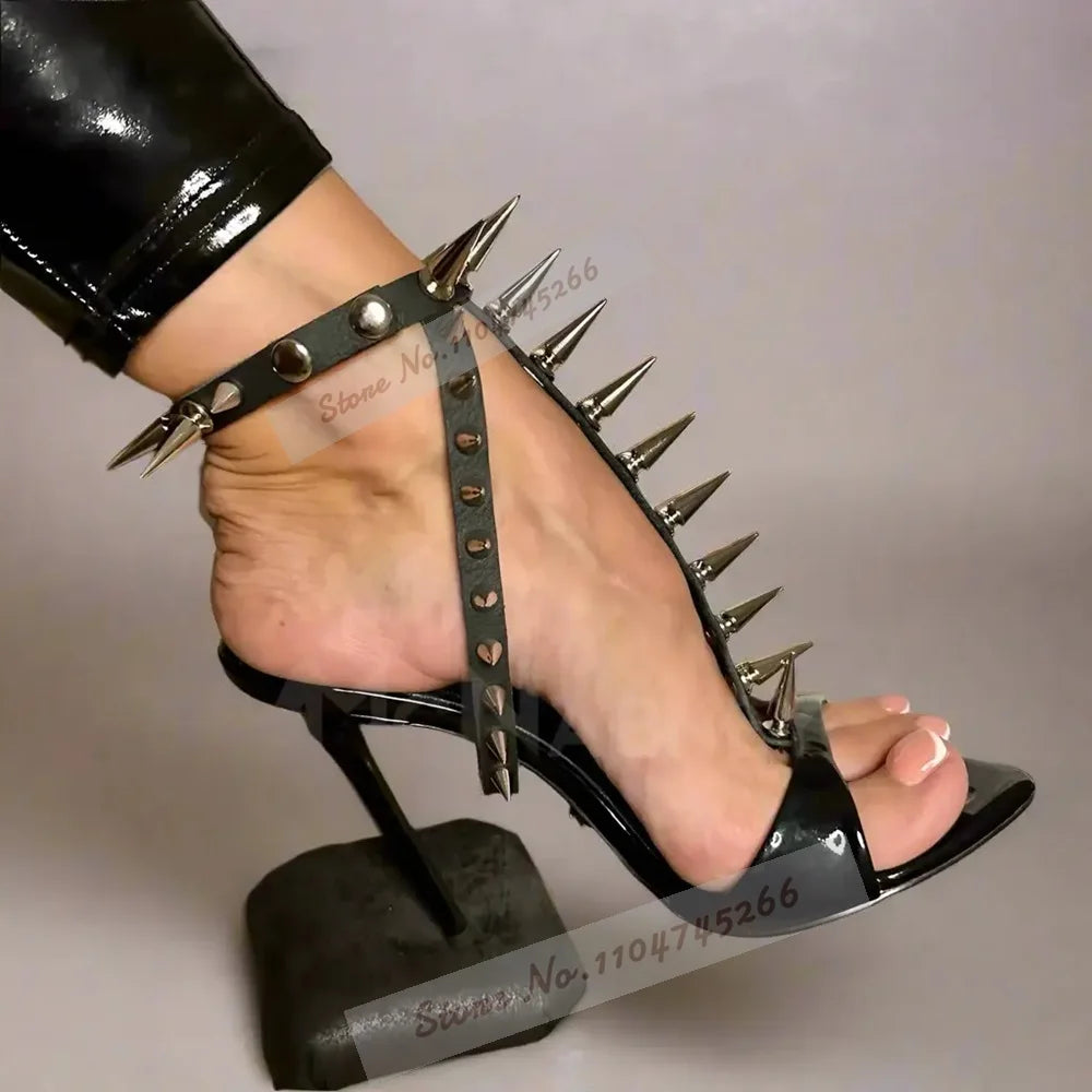 UK (3-10) Size Women Golden Metal Long Rivets High Heel Sandals Black Glossy Patent Leather Stiletto Heels Pumps Metal Spikes Banquet Shoes