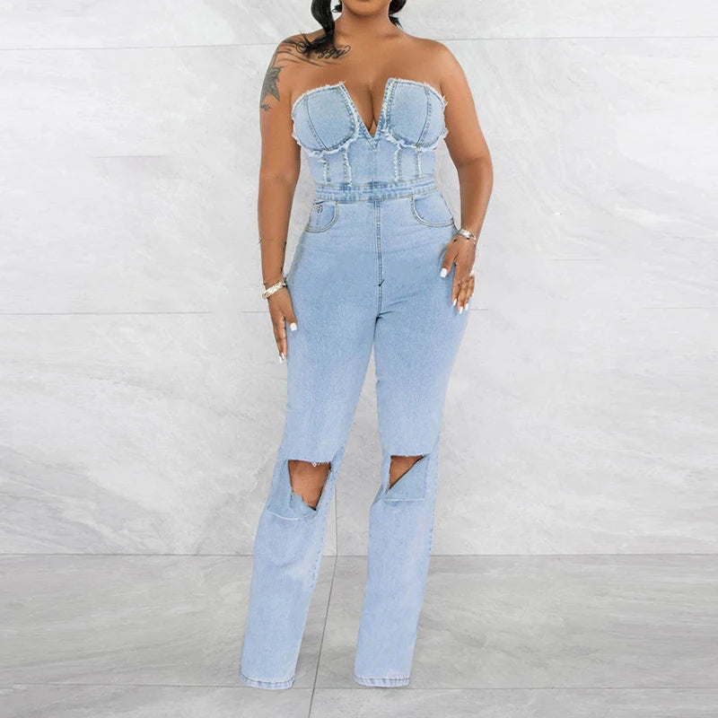 NEW Arrivals UK Size Casual Denim Jumpsuit Summer Women  Strapless V-Neck Zip Up Hole Street Trend Wide Leg Pants Club Romper With Pockets