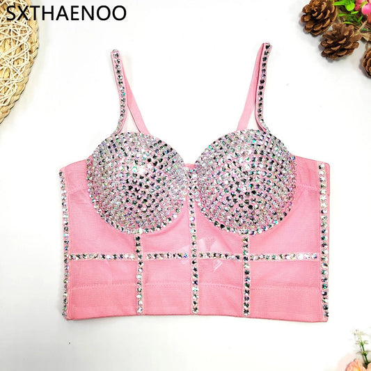 NEW Luxury Women's Fish Bone Shaping Colored Diamond Insert With Chest Pad Sexy Corset Sleeveless Backless Solid Color Tank Top Female Girls Sexy Luxury Fashion Clothing Supplies