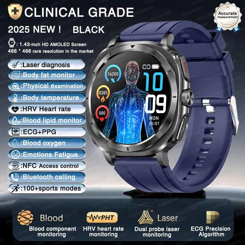New Laser Therapy ECG Blood Pressure Smart Watch Uric Acid Blood Lipid Organ monitor Clock NFC BT Call Health Watches Men Health Care Supplies
