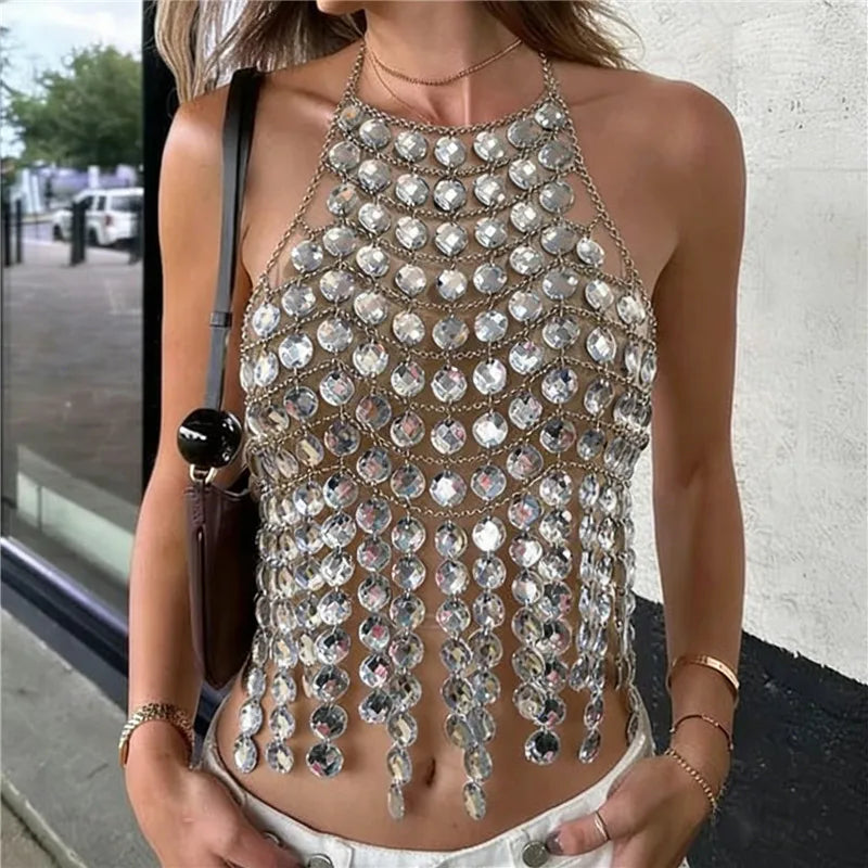 NEW Arrivals Sexy Backless Halter Metal Disc Crop Top Women Glittery Tassel Chainmail Top for Party Club Night Out Festival Rave Wear