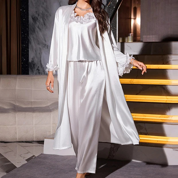 NEW 3PCS Set S-XL 6 Colors Ice Silk Luxury Spring Autumn New Female Honeymoon Pajamas Sleepwear Sexy Lace Long Bath Robe Kimono Gown Home Wear Loose Satin Loungewear