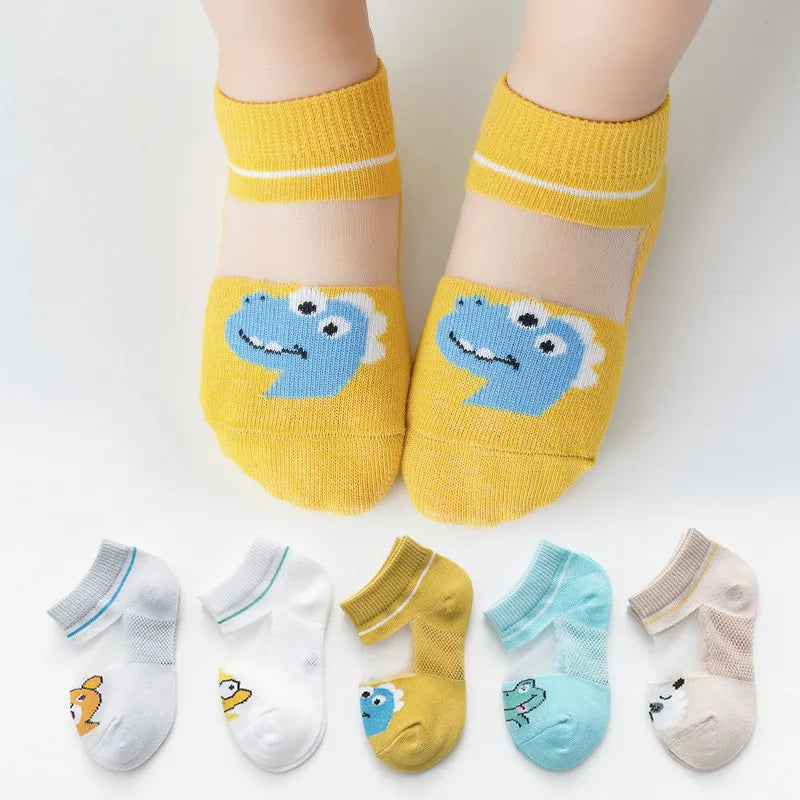 5 Pairs Set 0-12Y Summer Cotton Newborn Kids Socks Cute Cartoon Thin Mesh Baby Short Socks Dinosaur Bear Children Socks for Boys Girls Apparel Accessories