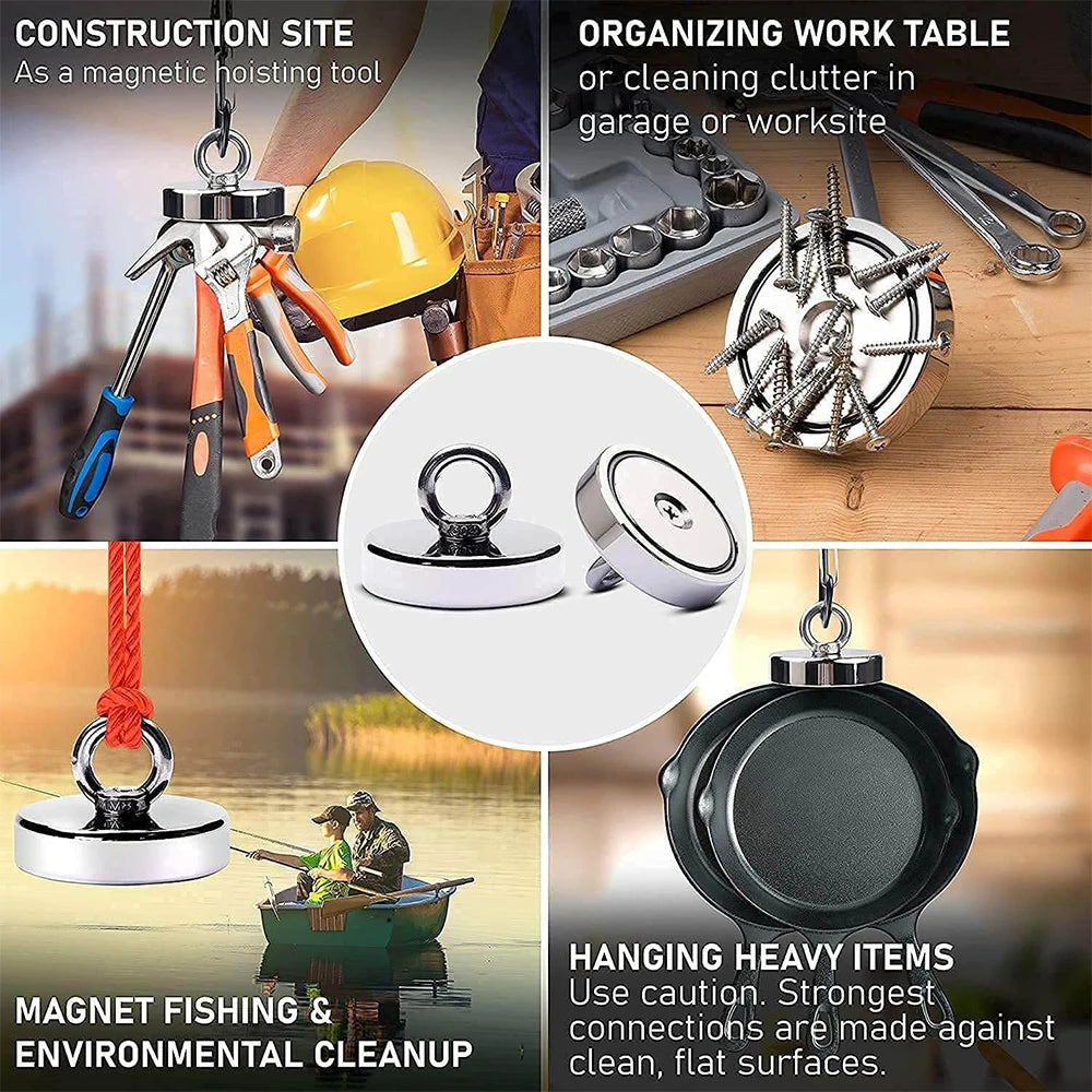 Super Strong Neodymium Fishing Magnet Hooks N52 Heavy Duty Magnet with Countersunk Hole Eyebolt 16-90mm Salvage Searcher Magnets for Lake River Boat Fishing Accessory Sets