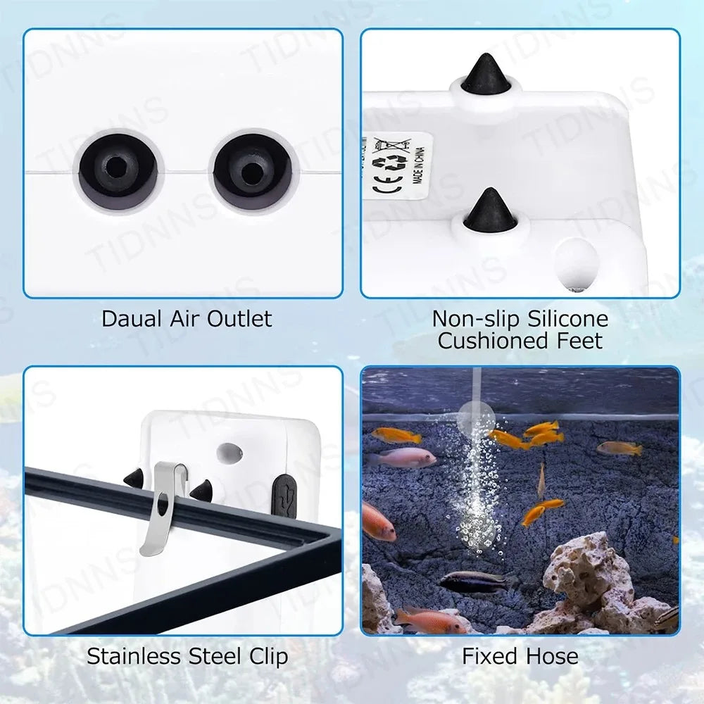 Aquarium Fish Tank Oxygen Pump 100/200/300 Stone & Plate Charging Dual-Purpose Air Pump USB Lithium Battery Household Portable Fishing Mute 6000mA Indoor Outdoor