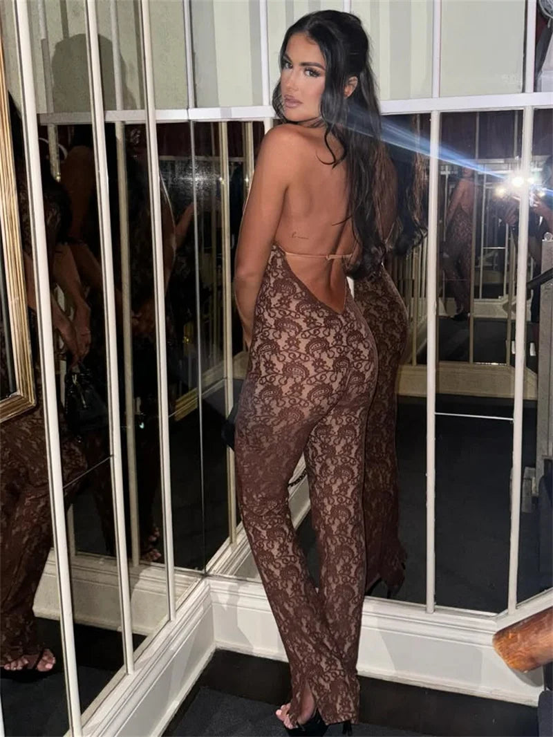 3 Colors Sexy Lace Backless Sexy Jumpsuit Women Rompers Halter Off-Shoulder Sleeveless Skinny Night Club Party Jumpsuits Female Clothes