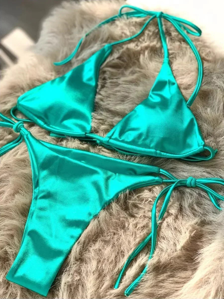 18 Colors UK Size Halter Brazilian Metallic Satin Bikini Women Swimwear Female Swimsuit Two-pieces Bikini Set High Cut Bathing Suit Swim Beachwear