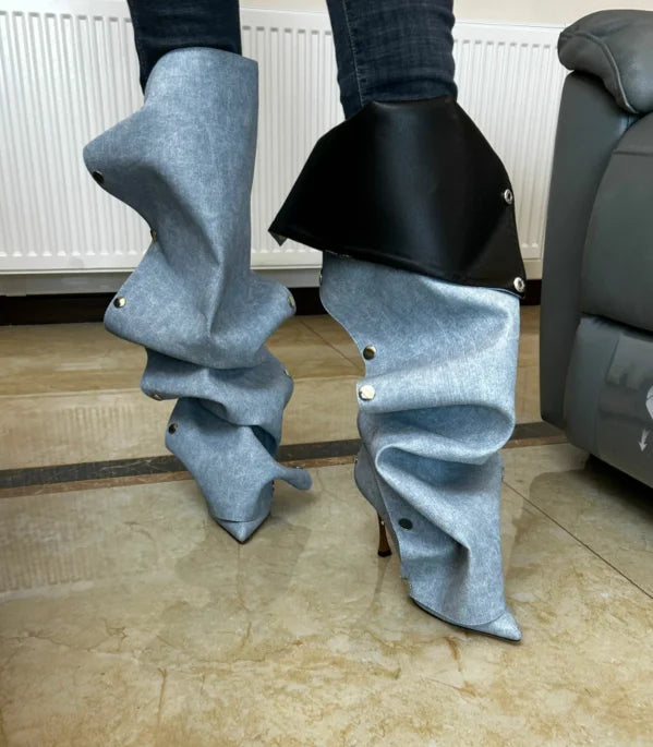 Just Arrived 7 Colors High Heel Long Boots for Women Botte Winter Boots Shoes Botas Mujer Thin Heeled Pointed Leather Denim Metal Button Shoe s Women Casual Apparel Accessories