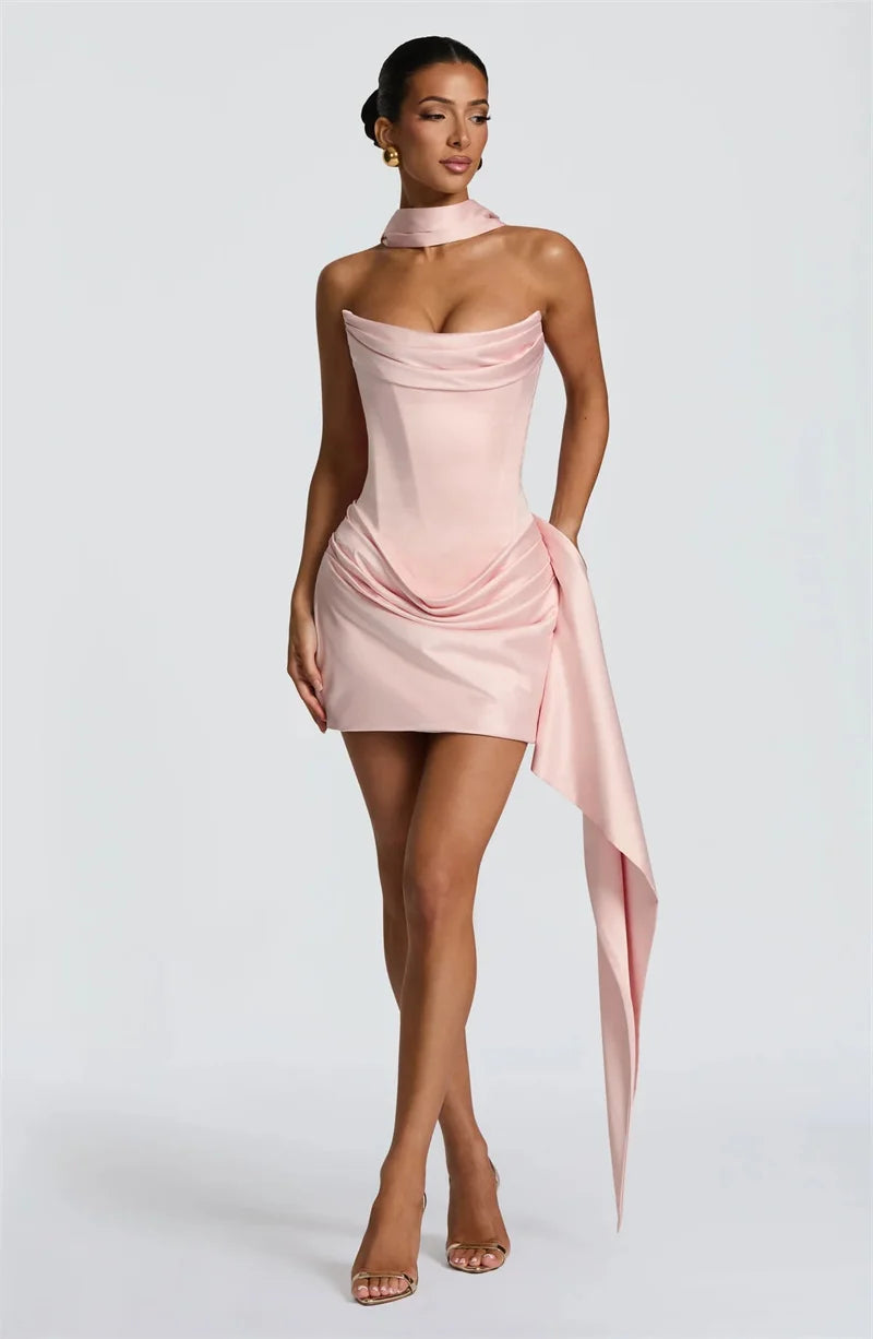 Pink/White Color UK Size Off Shoulder Strapless Sexy Mini Dress Women Elegant Sleeveless Backless High Waist Draped Ruched Club Party Dresses