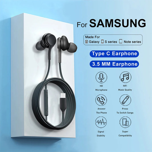 Original Type C Wired Earphone For Samsung Galaxy S23 S21 S22 Ultra Plus 3.5 mm Earbuds Headphones A54 A34 A53 A53 Mobile Phones Accessories Electronics Supplies