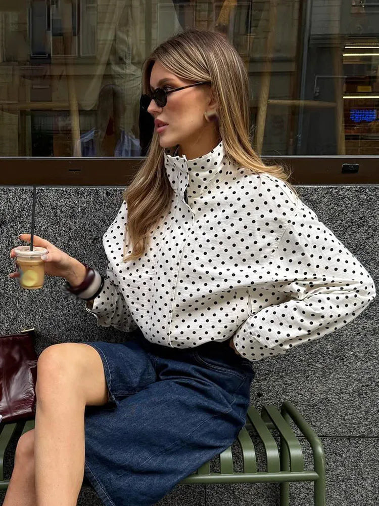 3 PCS Suit UK Size Woman Autumn Long Sleeves Turtleneck Zipper With Pockets Drawstring Casual Coats Women Fashion Polka Dot Jacket