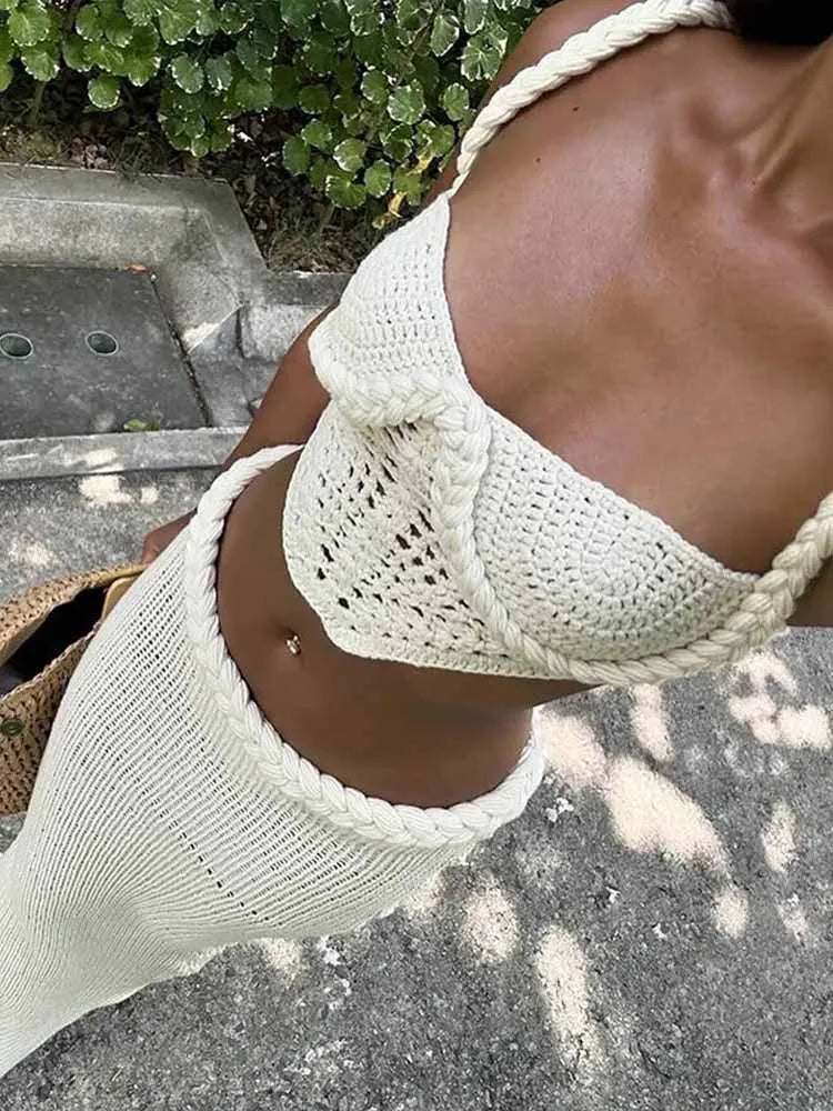 BRAND NEW 2PCS Set  Red/White S(8)-XL(16-18) UK Size Sexy HOT Crochet Knit Skirts Set Women Sexy Hollow Out Lace Up Crop Tops Hip Package Split Long Skirt Ladies Beach Outfits
