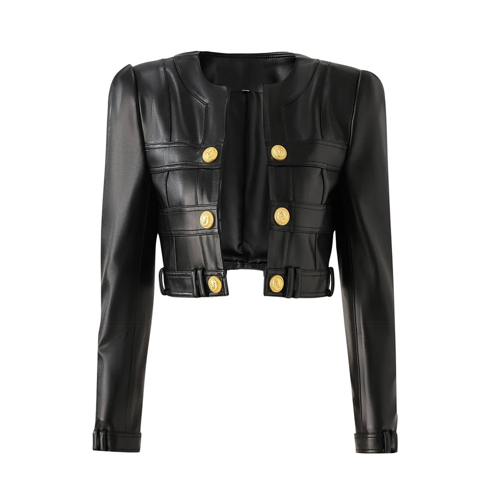 Cool Black Block Leather Slim Short Jacket Casual Buttons Full Sleeve Shoulder Pad O Neck Women Coat