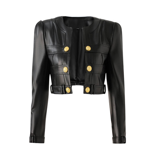 Cool Black Block Leather Slim Short Jacket Casual Buttons Full Sleeve Shoulder Pad O Neck Women Coat